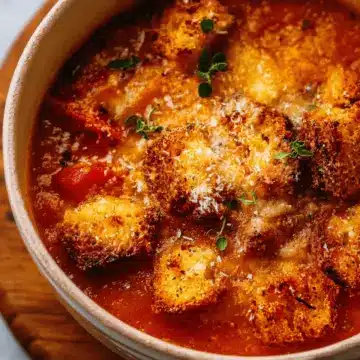 Roasted Tomato Soup with Cheesy Crouton Topper