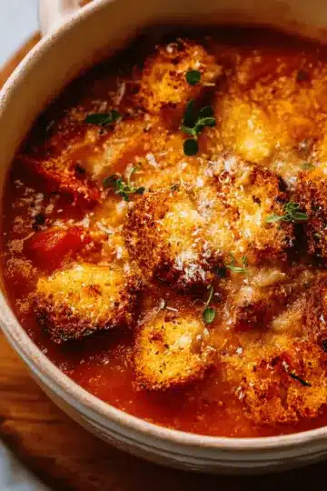 Roasted Tomato Soup with Cheesy Crouton Topper