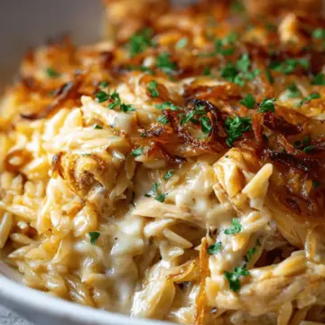 French Onion Chicken Orzo Casserole