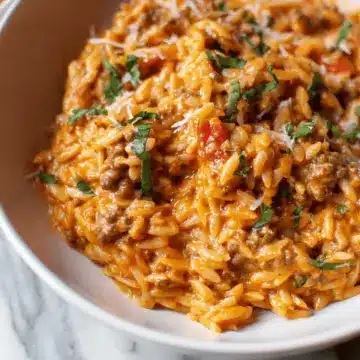 Ground Beef Orzo with Tomato Cream Sauce