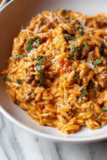 Ground Beef Orzo with Tomato Cream Sauce