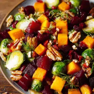 Winter Vegetable Salad with Butternut Squash, Brussels Sprouts, and Beets