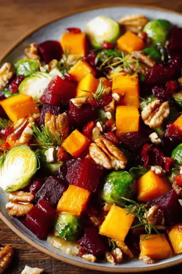 Winter Vegetable Salad with Butternut Squash, Brussels Sprouts, and Beets