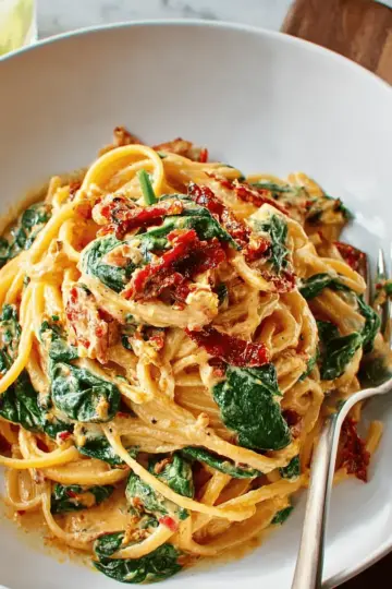 Spaghetti & Spinach with Sun-Dried Tomato Cream Sauce