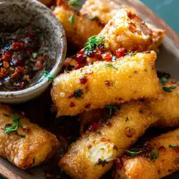 Oven Fried Feta Rolls with Chili Honey.