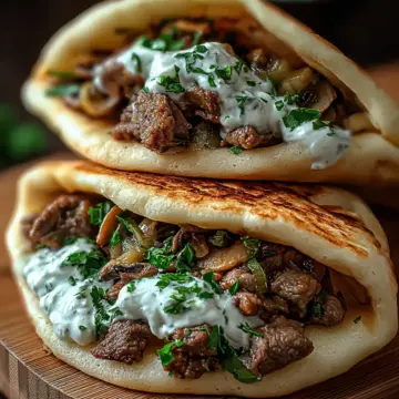 Cheesy Beef and Mushroom Pita Pockets with Tzatziki Sauce
