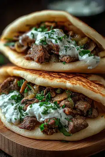 Cheesy Beef and Mushroom Pita Pockets with Tzatziki Sauce