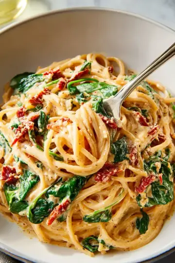 Spaghetti & Spinach with Sun-Dried Tomato Cream Sauce