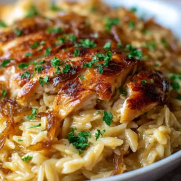 French Onion Chicken Orzo Casserole
