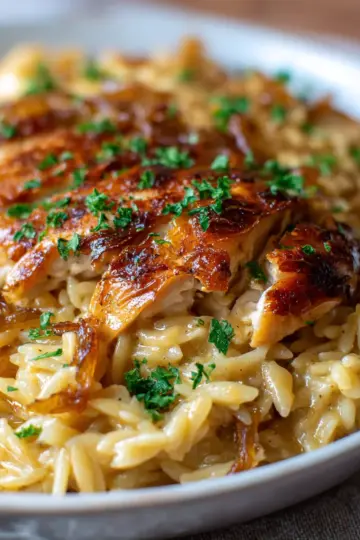 French Onion Chicken Orzo Casserole