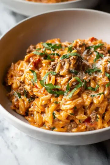 Ground Beef Orzo with Tomato Cream Sauce
