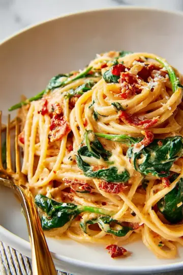 Spaghetti & Spinach with Sun-Dried Tomato Cream Sauce