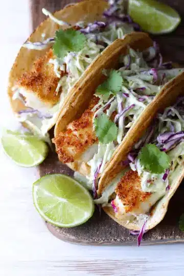 Crispy Cod Tacos with Honey-Lime Cilantro Slaw