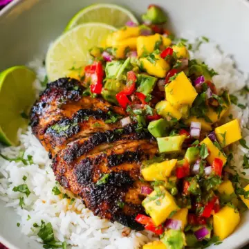 Jerk Chicken with Mango Avocado Salsa and Coconut Rice