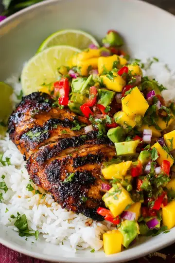 Jerk Chicken with Mango Avocado Salsa and Coconut Rice