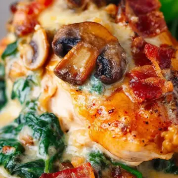 Smothered Chicken with Creamed Spinach, Bacon, Mushrooms