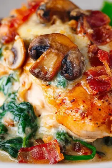 Smothered Chicken with Creamed Spinach, Bacon, Mushrooms