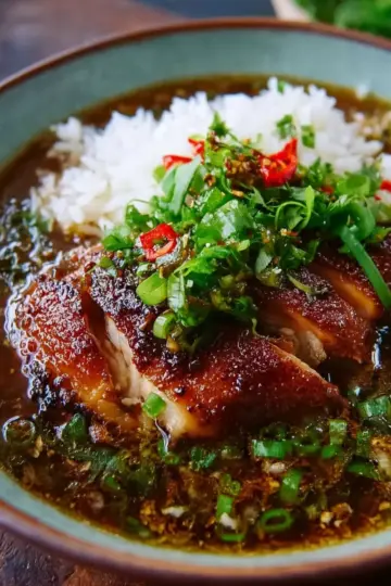 Caramelised Soy Chicken in Garlic Ginger Broth with Rice