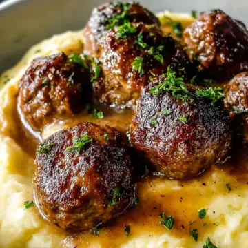 Salisbury Steak Meatballs & Garlic Herb Mashed Potatoes Recipe