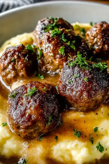 Salisbury Steak Meatballs & Garlic Herb Mashed Potatoes Recipe