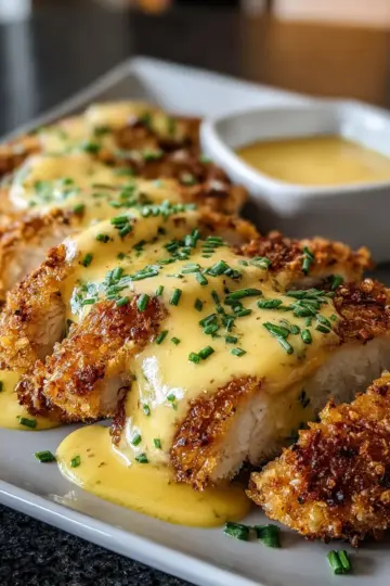 Pretzel-Crusted Chicken with Creamy Mustard Cheddar Sauce