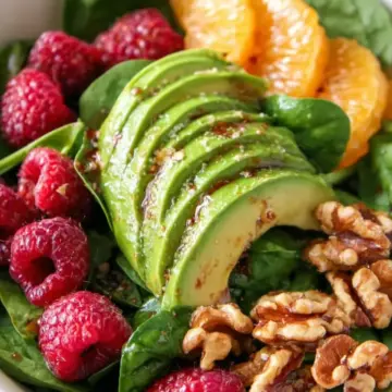 Raspberry-Spinach Salad with Avocado and Toasted Walnuts Recipe