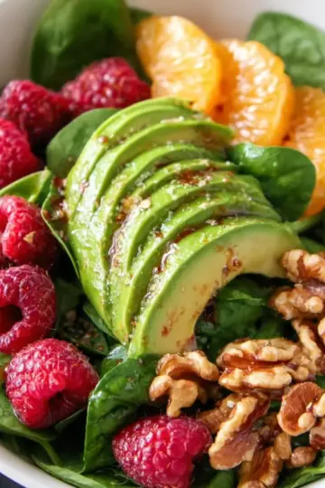 Raspberry-Spinach Salad with Avocado and Toasted Walnuts Recipe