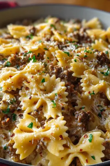 Cajun Cream Cheese Alfredo Bowties with Spiced Ground Beef Recipe